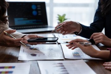 Business meeting on project analysis office space digital presentation collaborative environment close-up view teamwork and strategy