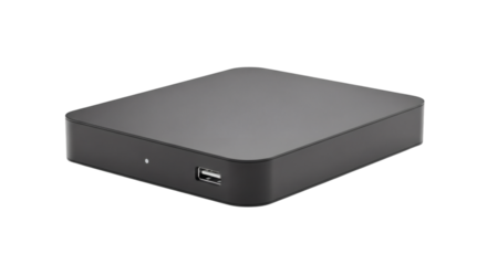 Sleek black box device with USB connectivity on a dark background for simplicity.
