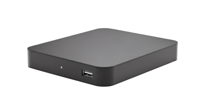 Sleek black box device with USB connectivity on a dark background for simplicity.