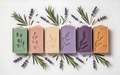 Handmade natural soap bars with lavender flowers and herbal botanical design.
