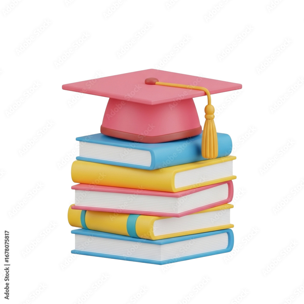 Poster 3d icon of graduation cap on stack of books isolated on transparent background, 3d rendering