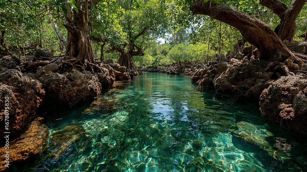 Poster clear water flows through a forest with trees and rocks on either side.