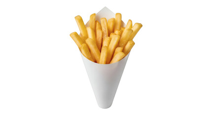 Golden French Fries Delightfully Presented in White Paper Cone on Black Background Ready To Eat