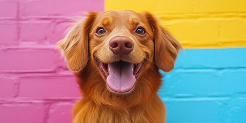 Close-up photo of a happy Nova Scotia Duck Tolling Retriever dog posing against a vibrant, color-blocked wall, suitable for pet blogs, veterinary websites, or promotional material for animal products.