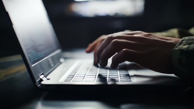Close Up Hands Typing Code on Laptop in Low Light