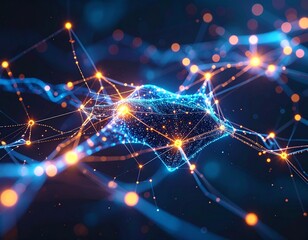 Obraz premium Abstract visualization of interconnected nodes and lines, glowing with blue and orange light, representing a network or data structure.