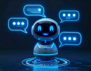 A futuristic robot chatbot with a smiling face is surrounded by glowing blue speech bubbles, representing communication and artificial intelligence.