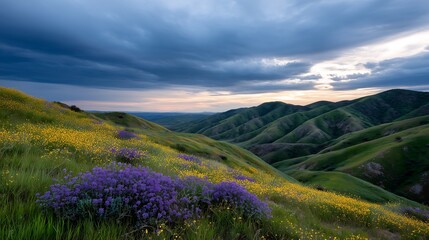 Rolling hills covered in wildflowers under a dramatic sunset sky