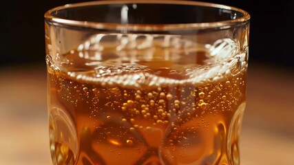 Golden Amber Liquid Being Poured Into a Clear Glass Creating Bubbles on Wooden Table with Dark Background Refreshment and Enjoyment of Simples Pleasures for Ads and Promotions - Powered by Adobe