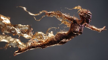 divine figure mid-leap, entire body crafted from molten precious metals, gold and copper streams curling through space, dramatic lighting and fluid textures 