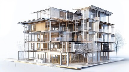 Modern house cross section with glass and wood construction details