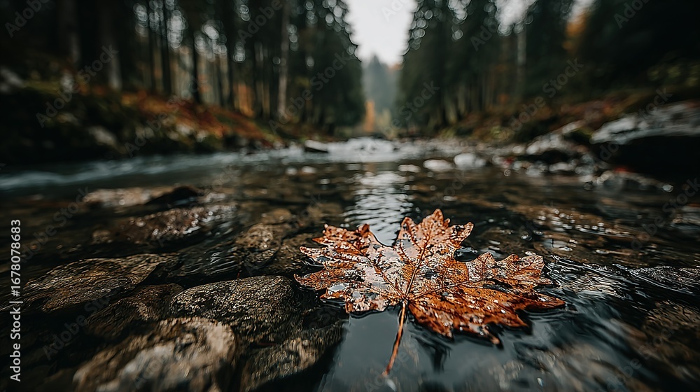 Poster autumn leaves in a stream with forest trees in the background.