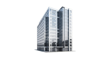 Fototapeta premium Modern Skyscraper with Sleek Glass Facade Gleaming Under Daylight Isolated on Black Backdrop Presentation