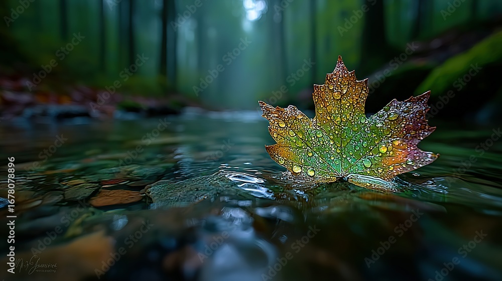 Poster a single autumn leaf floating on a stream in a blurred forest.