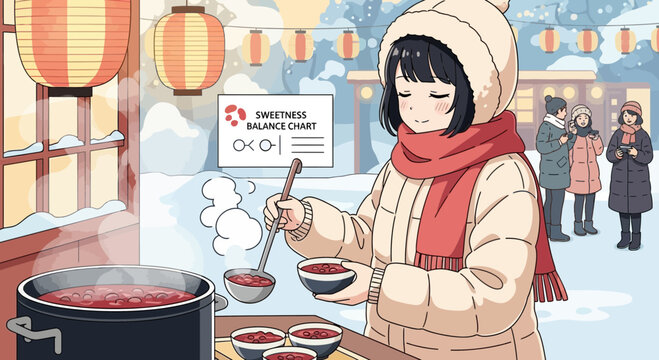 Winter Warmth: Anime Girl Serving Sweet Red Bean Soup at a Festive Market