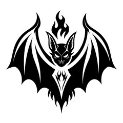 Tribal Bat Icon with Spread Wings and Flame Tail in Sharp Symmetric Monochrome Style