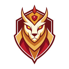 Obraz premium Mythical Beast Face in Heart-Shaped Shield with Gold-and-Red Vector Balance