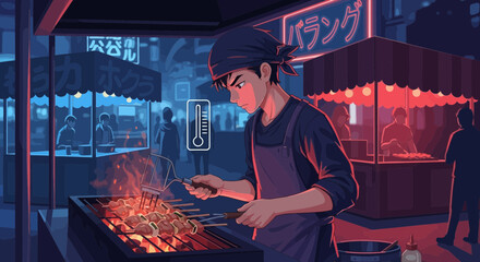 Anime style illustration of a yakitori vendor at a vibrant night market