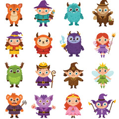 Fototapeta premium Colorful flat 2D illustrations of cute cartoon book pages, featuring whimsical characters and vibrant scenes, isolated on a clean white background.