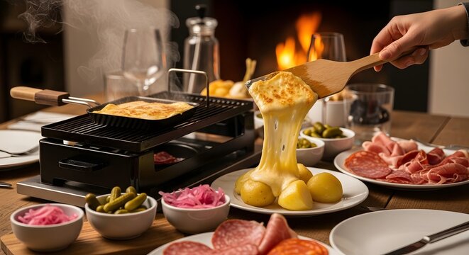 Hand serving melted raclette cheese over potatoes with cold cuts by fireplace