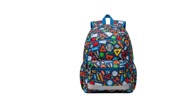 Colorful school backpack perfect for elementary students showcasing a pattern of educational themes