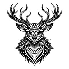 Tribal Deer Head with Curved Antlers and Central Beard Pattern in Abstract Black Vector Line Art