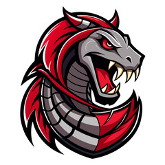 Stylized Snake Mascot with Armored Scales and Open Jaw in Dark Red Vector Format