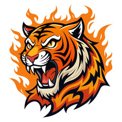 Roaring Tiger Mascot with Glowing Orange Tones and Flame Motifs in Crisp Vector Lines