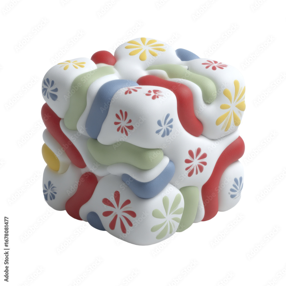 Poster abstract 3d cube form with colorful blob shapes and flower motifs on white