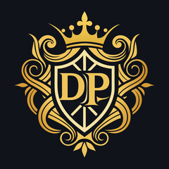 Vintage Crest Logo with “DP” Initials in Gold over Dark Background in Elegant Serif Vector Style