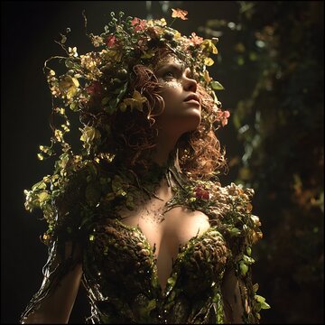 goddess of nature standing in enchanted grove, skin of bark and moss, hair of flowering vines, glowing biol 