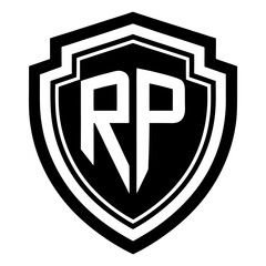 Modern Initials Shield Featuring “RP” in White over Black Background with Sharp Typography and Vector Layers