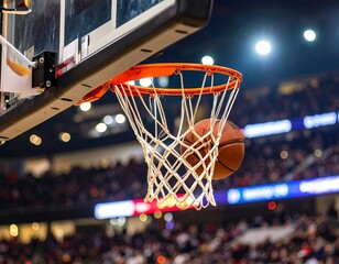 Basketball going through net in arena