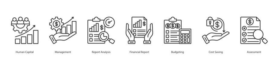Human Management banner web icon set vector illustration concept with icon of human capital, management, report analysis, financial report, budgeting, cost saving, assessment