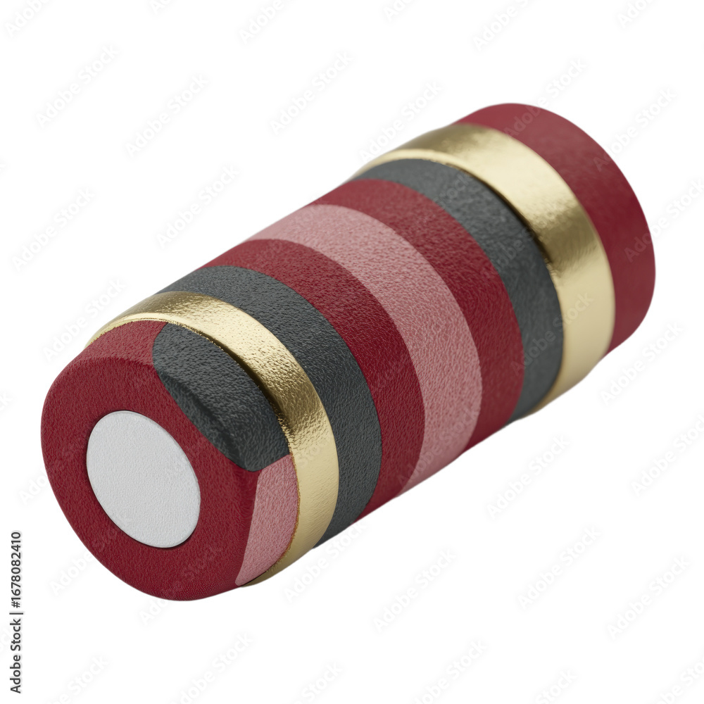 Poster segmented cylindrical object with red pink grey layers and metallic gold bands