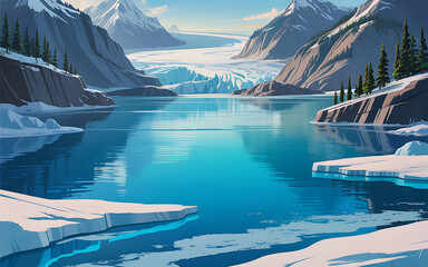 Snowy Mountains with Glacier Lake and Ice Reflections in Pristine Winter Landscape.