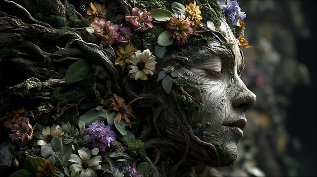 divine forest goddess sculpted from tree bark and leaves, roots flowing into earth, luminous flowers across body, soft ethereal light filtering through ancient forest 