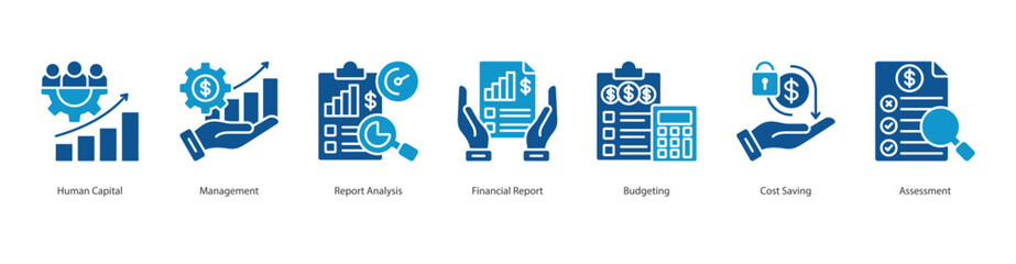 Human Management banner web icon set vector illustration concept with icon of human capital, management, report analysis, financial report, budgeting, cost saving, assessment
