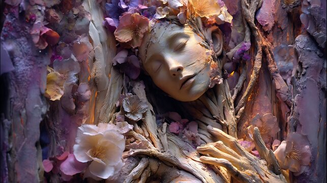divine forest goddess sculpted from tree bark and leaves, roots flowing into earth, luminous flowers across body, soft ethereal light filtering through ancient forest 