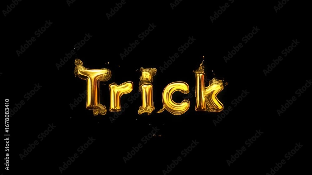 Poster animated golden text spelling 'trick' with a shimmering effect against a black background, creating 