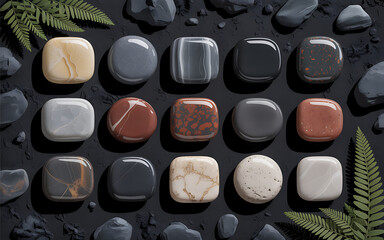 Glossy Polished Stone Pebbles in Various Colors and Textures on Dark Background.