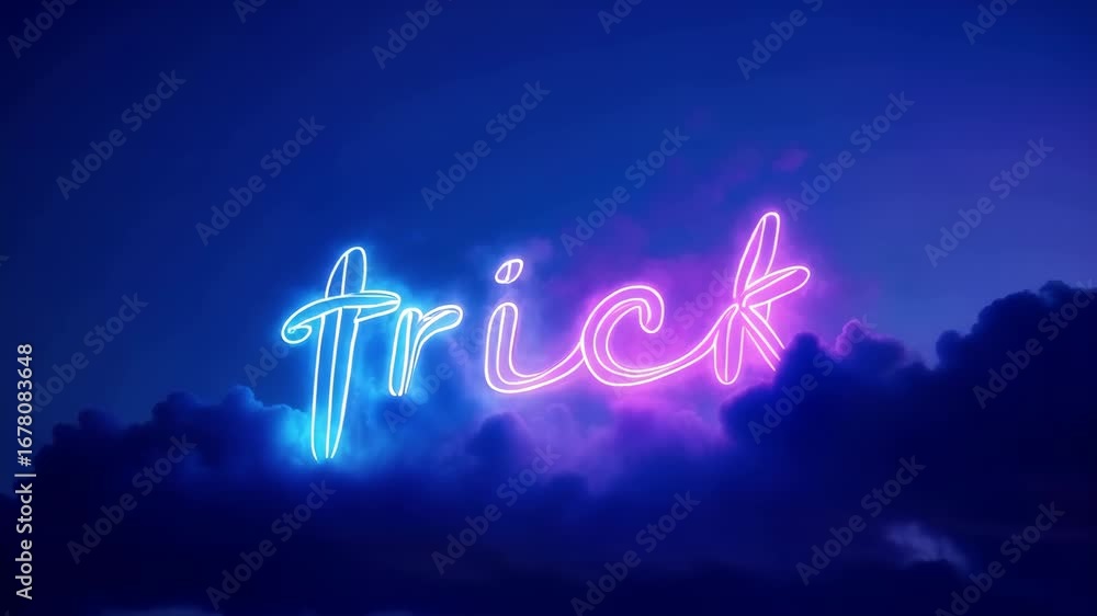 Poster colorful neon text reading 'trick' illuminated against a nighttime sky filled with clouds creating a