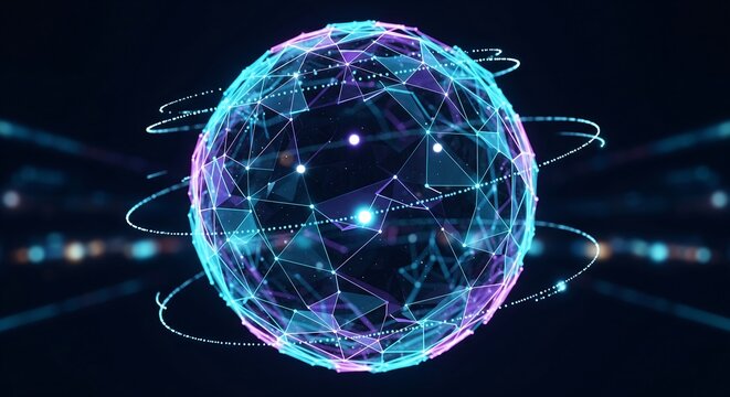 A glowing, interconnected digital sphere with orbiting rings, representing global data networks and advanced technology. - Powered by Adobe