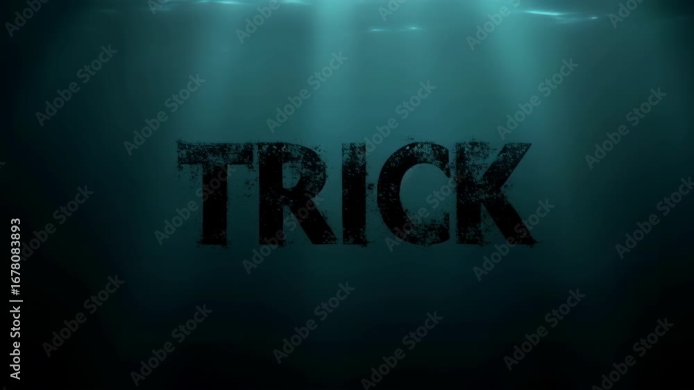 Poster dark underwater scene featuring the word 'trick' illuminated by soft light beams, creating a mysteri