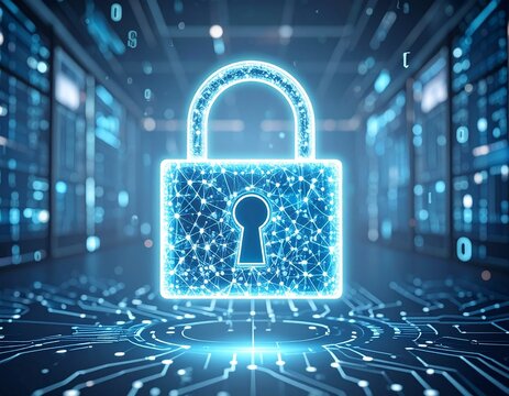 A glowing digital padlock, symbolizing cybersecurity and data protection, is superimposed on a futuristic circuit board background with binary code.