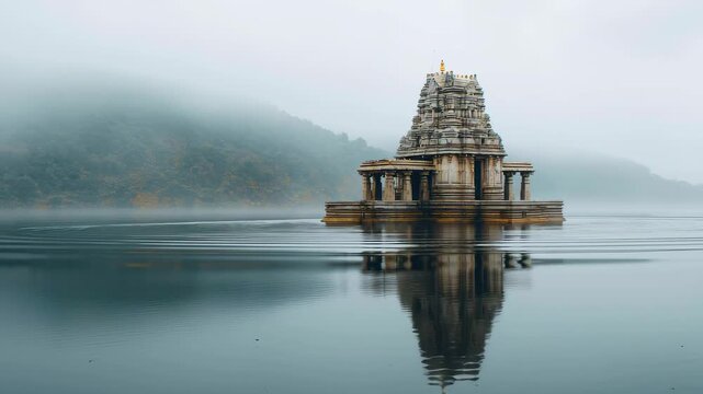Ancient temple emerging from foggy lake with mountain background, calm water reflection, peaceful serene atmosphere, tranquil and mysterious scene
