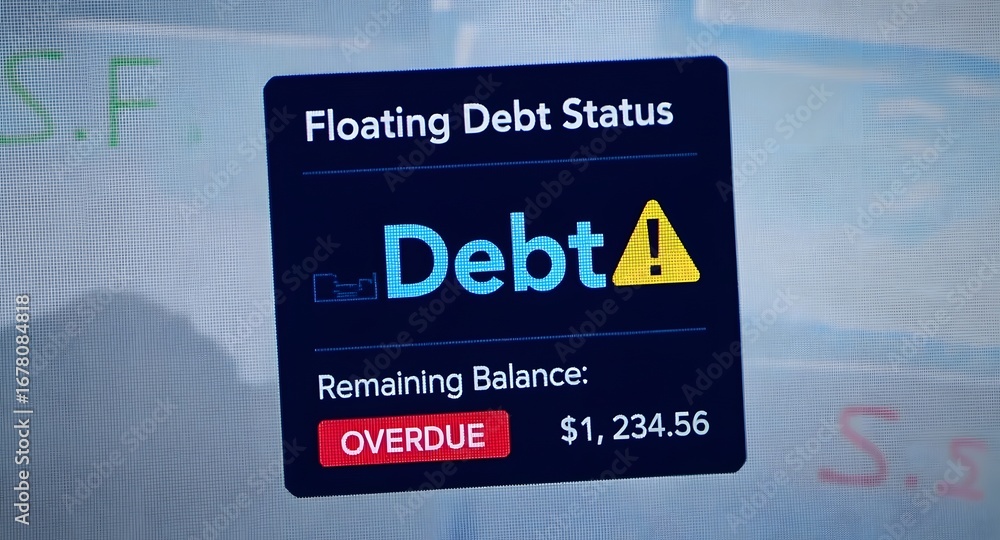Poster floating debt status digital alert with a glowing overdue button, a modern representation for financ