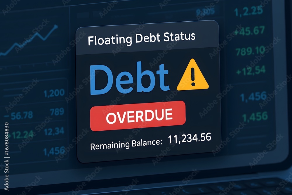 Poster floating debt status digital alert with a glowing overdue button, a modern representation for financ