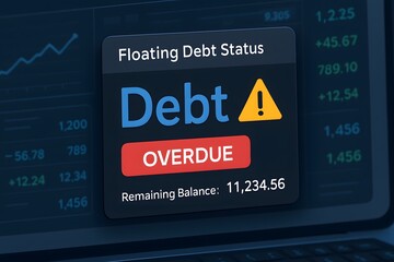 Floating Debt Status digital alert with a glowing Overdue button, a modern representation for financial notifications, credit management, and business warnings.
