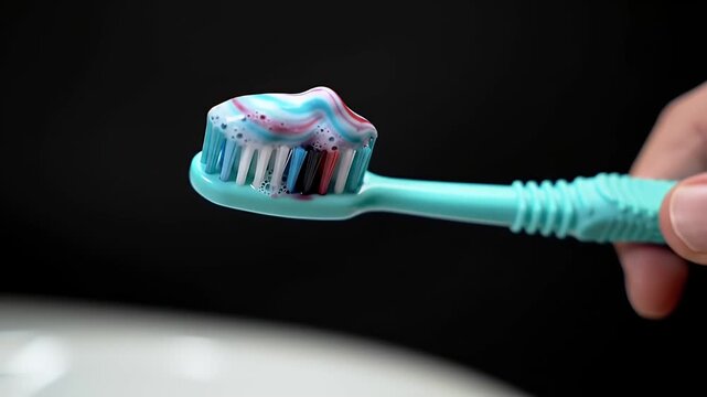 Close Up Of A Blue Toothbrush With Red And White Swirled Toothpaste